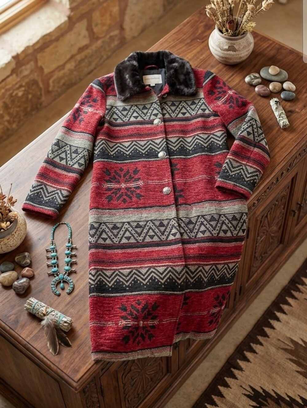 New FrontierWomen’s Red Patterned Long Duster Coat with Faux Fur Collar